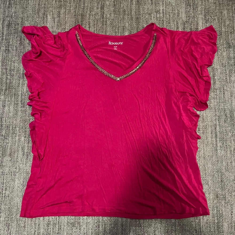 Roamans‎ Fuchsia Ruffled V-Neck Top With Beaded Trim Size 18/20 L China